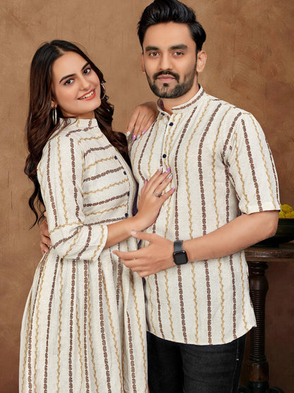 White Pure Soft Cotton Jequard Shirt &amp; Tunic Matching Both Couple Combo