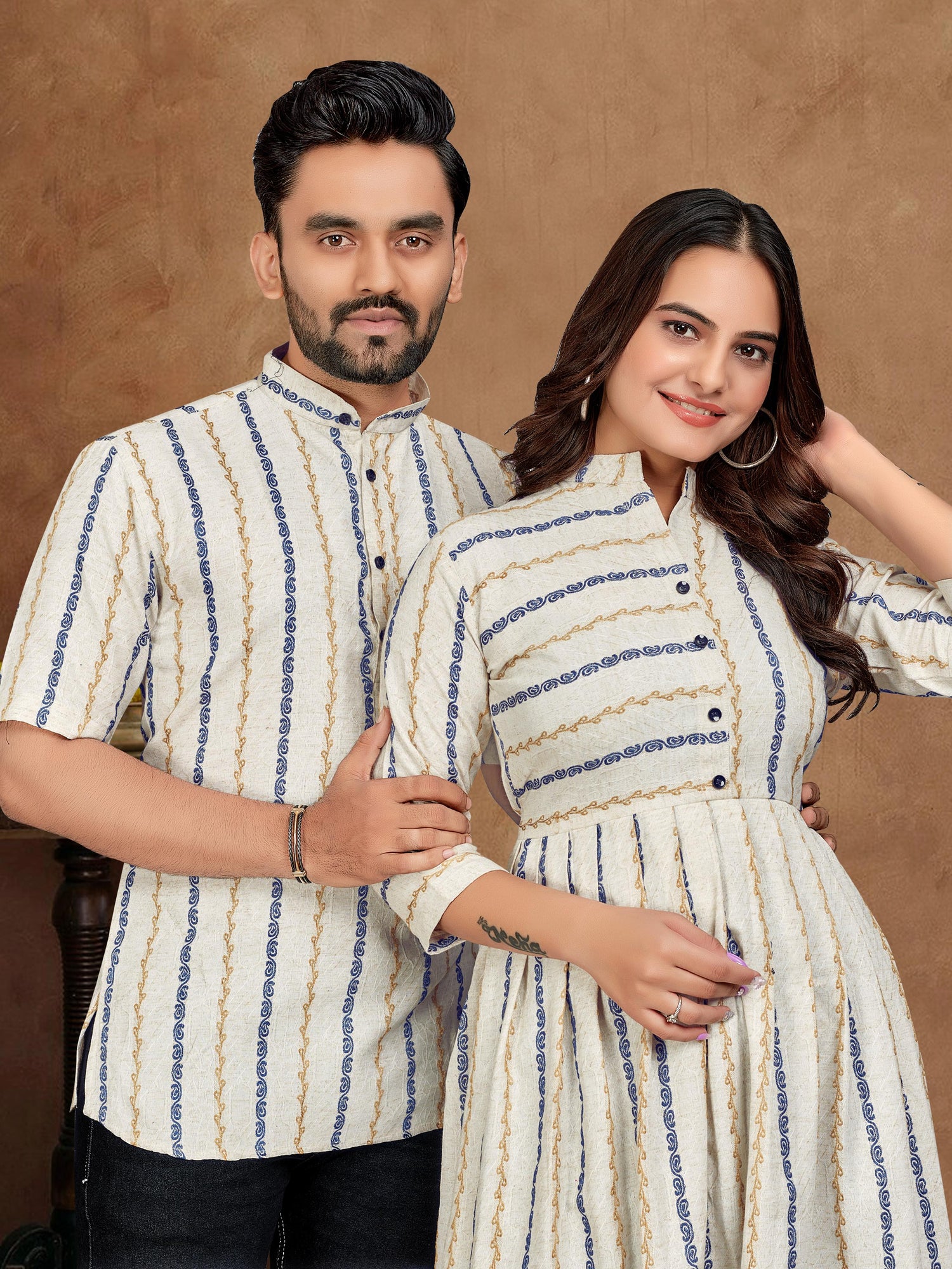 White Pure Soft Cotton Jequard Shirt &amp; Tunic Matching Both Couple Combo