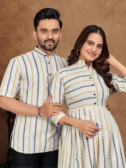 White Pure Soft Cotton Jequard Shirt &amp; Tunic Matching Both Couple Combo