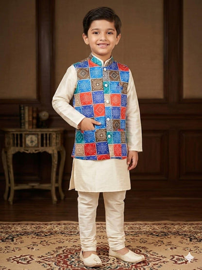 Cream Pure Malai Satin Kurta Pajama With Koti Jacket Father &amp; Son Matching Combo Set