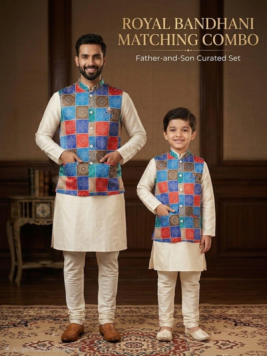 Cream Pure Malai Satin Kurta Pajama With Koti Jacket Father &amp; Son Matching Combo Set