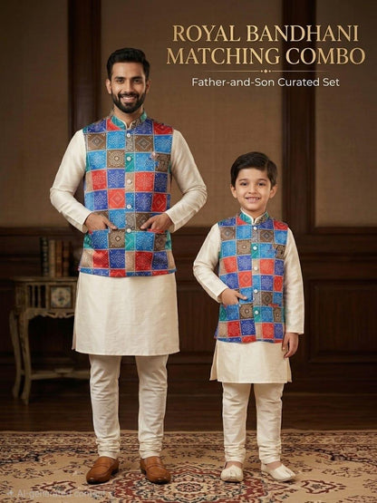 Cream Pure Malai Satin Kurta Pajama With Koti Jacket Father &amp; Son Matching Combo Set