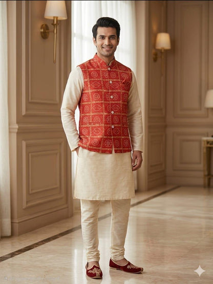 Cream Pure Malai Satin Kurta Pajama With Koti Jacket Father &amp; Son Matching Combo Set