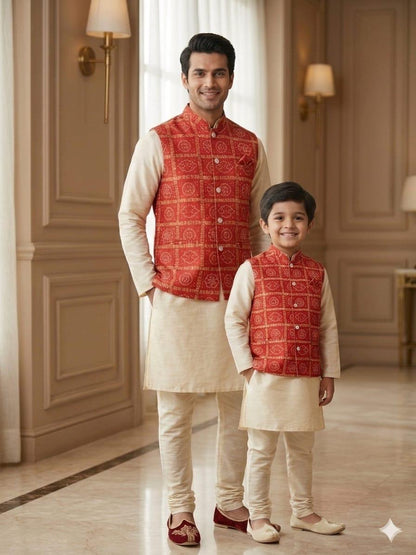 Cream Pure Malai Satin Kurta Pajama With Koti Jacket Father &amp; Son Matching Combo Set