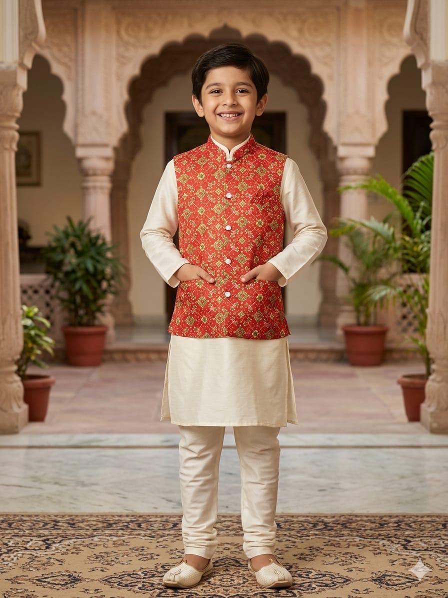 Cream Pure Malai Satin Kurta Pajama With Koti Jacket Father &amp; Son Matching Combo Set