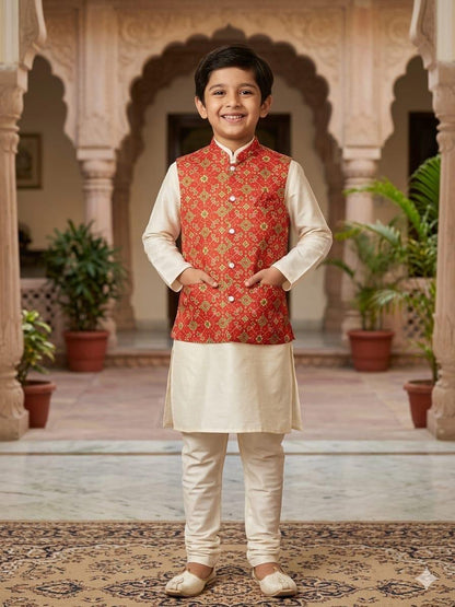 Cream Pure Malai Satin Kurta Pajama With Koti Jacket Father &amp; Son Matching Combo Set