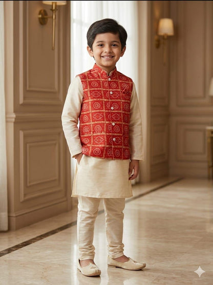 Cream Pure Malai Satin Kurta Pajama With Koti Jacket Father &amp; Son Matching Combo Set