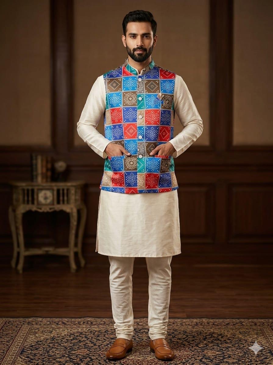 Cream Pure Malai Satin Kurta Pajama With Koti Jacket Father &amp; Son Matching Combo Set