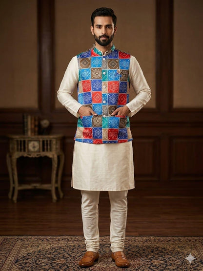 Cream Pure Malai Satin Kurta Pajama With Koti Jacket Father &amp; Son Matching Combo Set