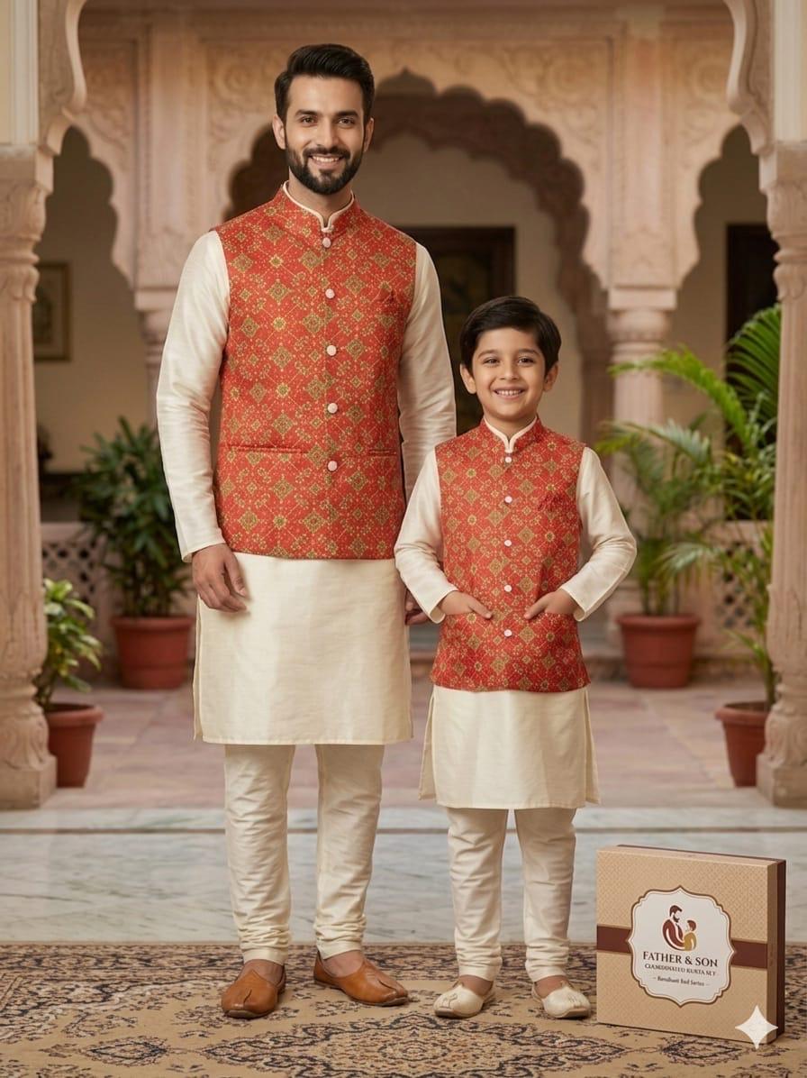 Cream Pure Malai Satin Kurta Pajama With Koti Jacket Father &amp; Son Matching Combo Set