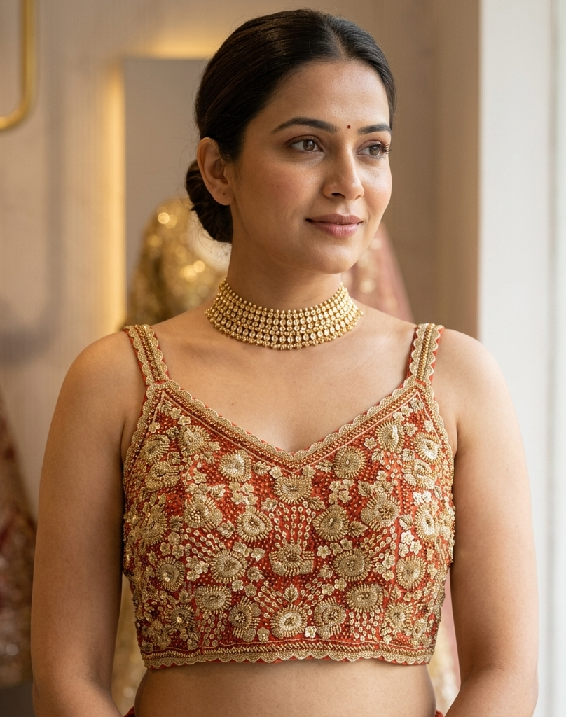 Rust Pure Soft Heavy Beads &amp; Sequence Jari Work Navratri Blouse