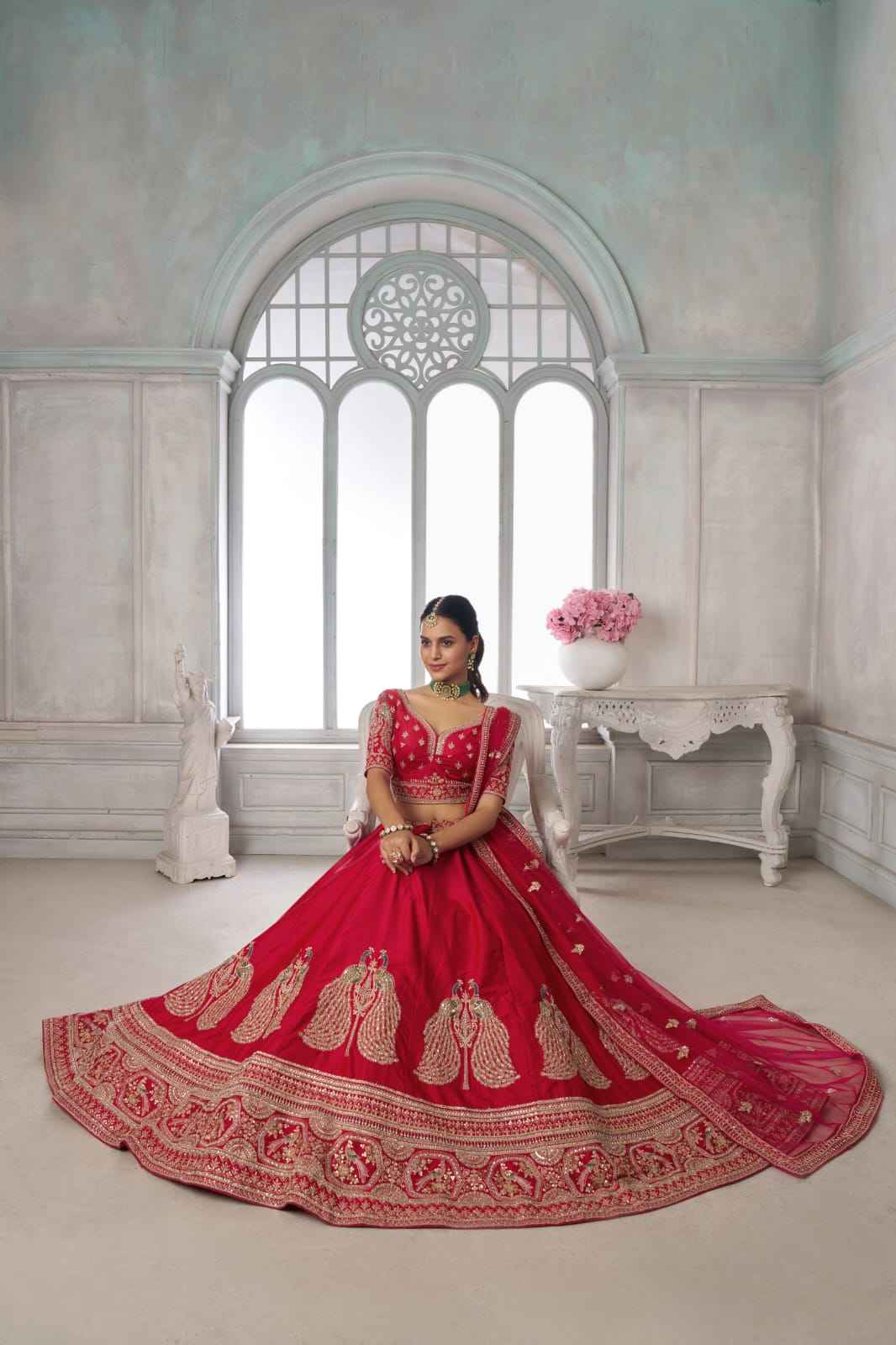 Red Silk Lehenga Choli with Peacock Zari Embroidery &amp; Net Dupatta