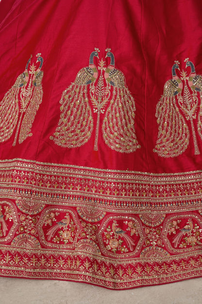 Red Silk Lehenga Choli with Peacock Zari Embroidery &amp; Net Dupatta