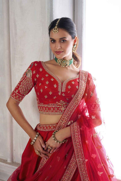 Red Silk Lehenga Choli with Peacock Zari Embroidery &amp; Net Dupatta