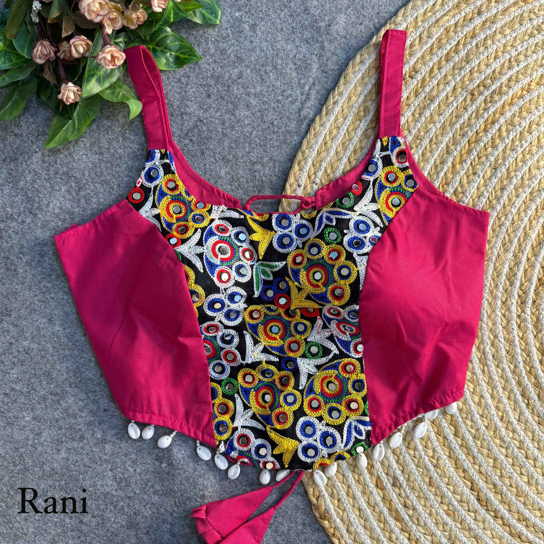 Rani Pure Heavy Thread Patch Kaudi &amp; Hand Mirror Work Navratri Blouse