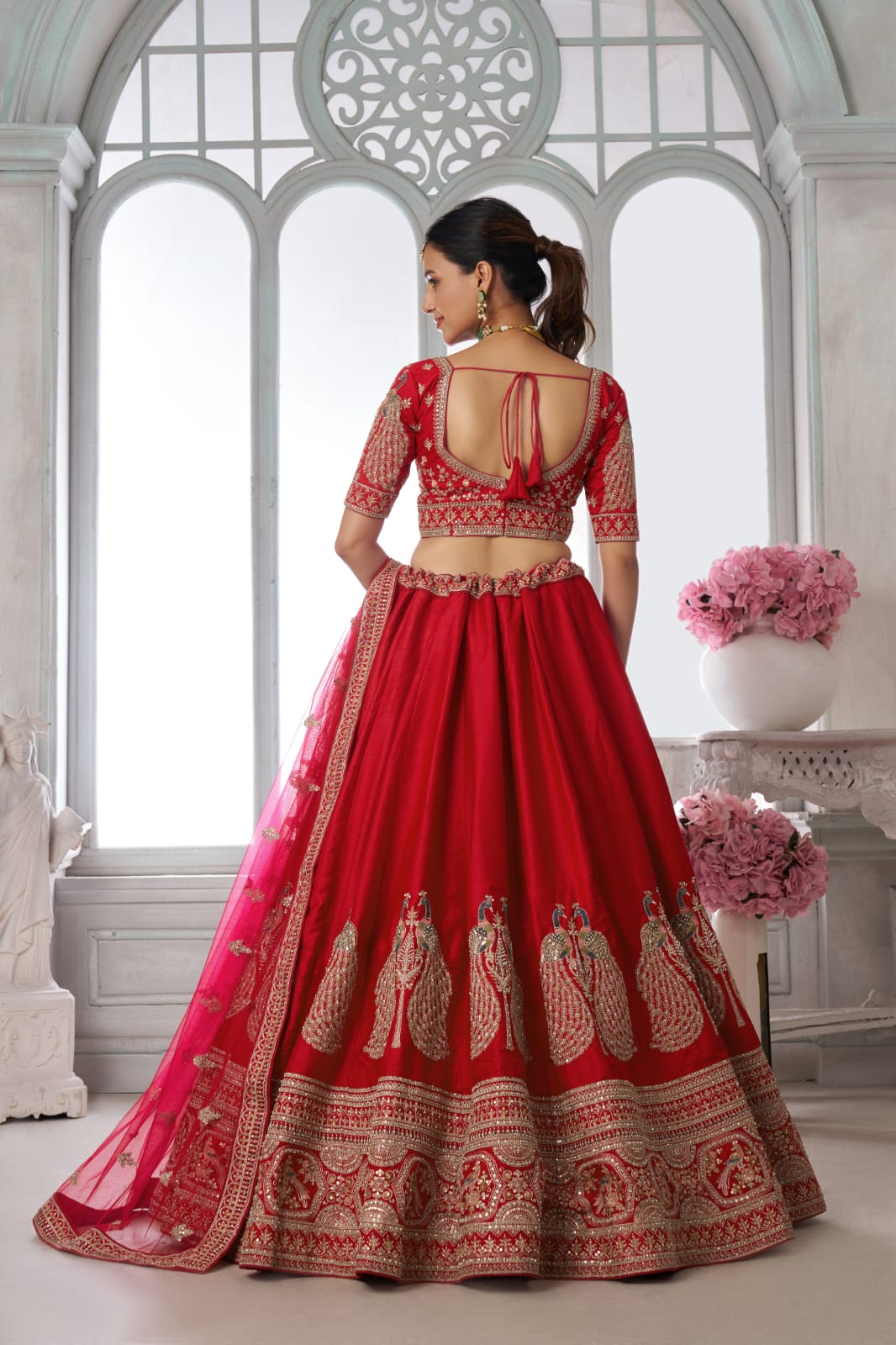 Red Silk Lehenga Choli with Peacock Zari Embroidery &amp; Net Dupatta