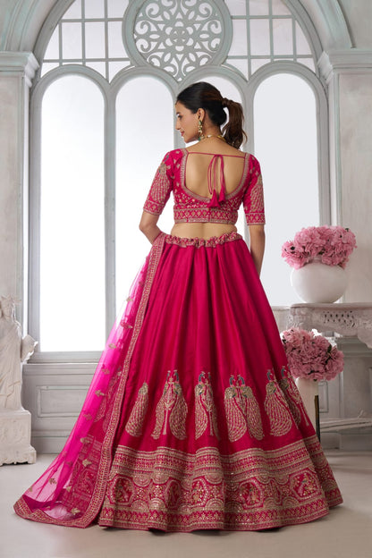 Rani Pink Silk Lehenga Choli with Peacock Zari Embroidery &amp; Net Dupatta
