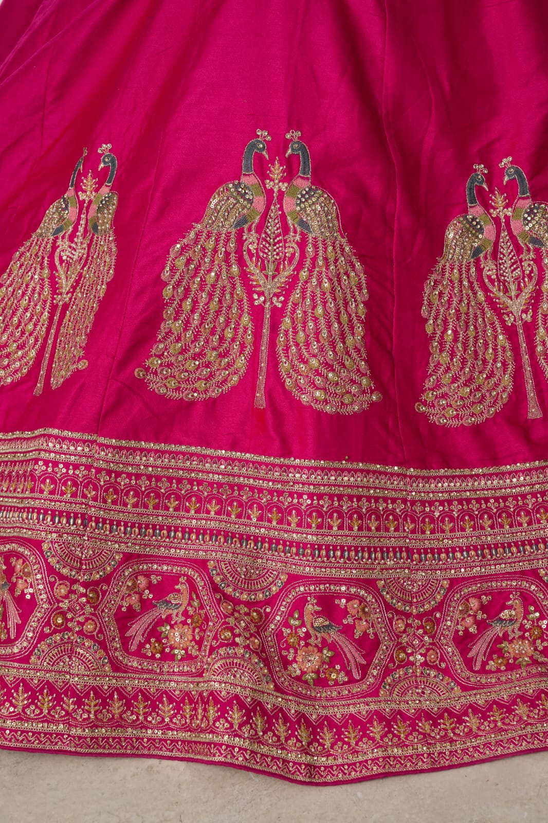 Rani Pink Silk Lehenga Choli with Peacock Zari Embroidery &amp; Net Dupatta