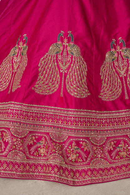 Rani Pink Silk Lehenga Choli with Peacock Zari Embroidery &amp; Net Dupatta