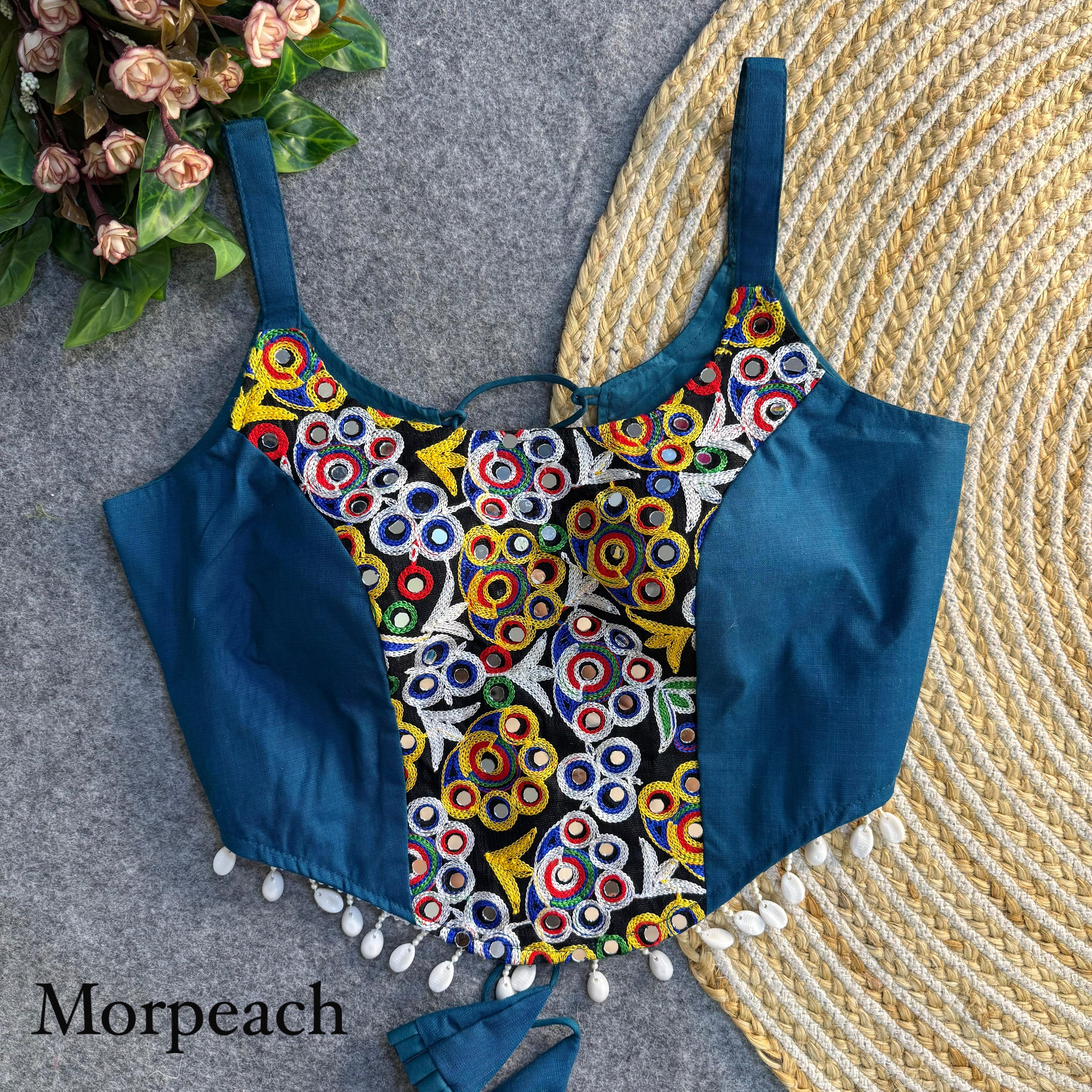 MorePeach Pure Heavy Thread Patch Kaudi &amp; Hand Mirror Work Navratri Blouse