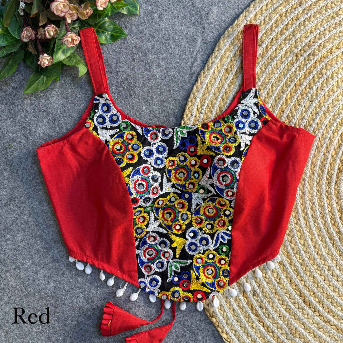 Red Pure Heavy Thread Patch Kaudi &amp; Hand Mirror Work Navratri Blouse
