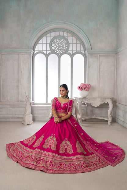 Rani Pink Silk Lehenga Choli with Peacock Zari Embroidery &amp; Net Dupatta