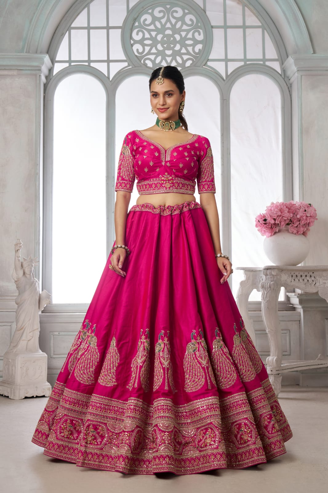 Rani Pink Silk Lehenga Choli with Peacock Zari Embroidery &amp; Net Dupatta