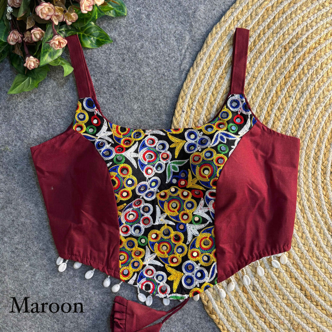 Maroon Pure Heavy Thread Patch Kaudi &amp; Hand Mirror Work Navratri Blouse
