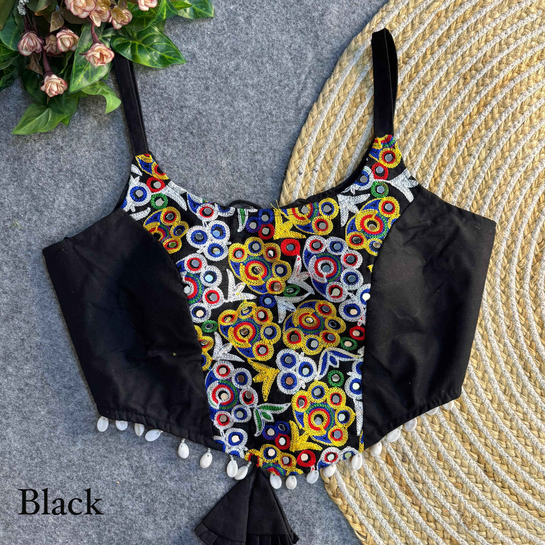 Black Pure Heavy Thread Patch Kaudi &amp; Hand Mirror Work Navratri Blouse
