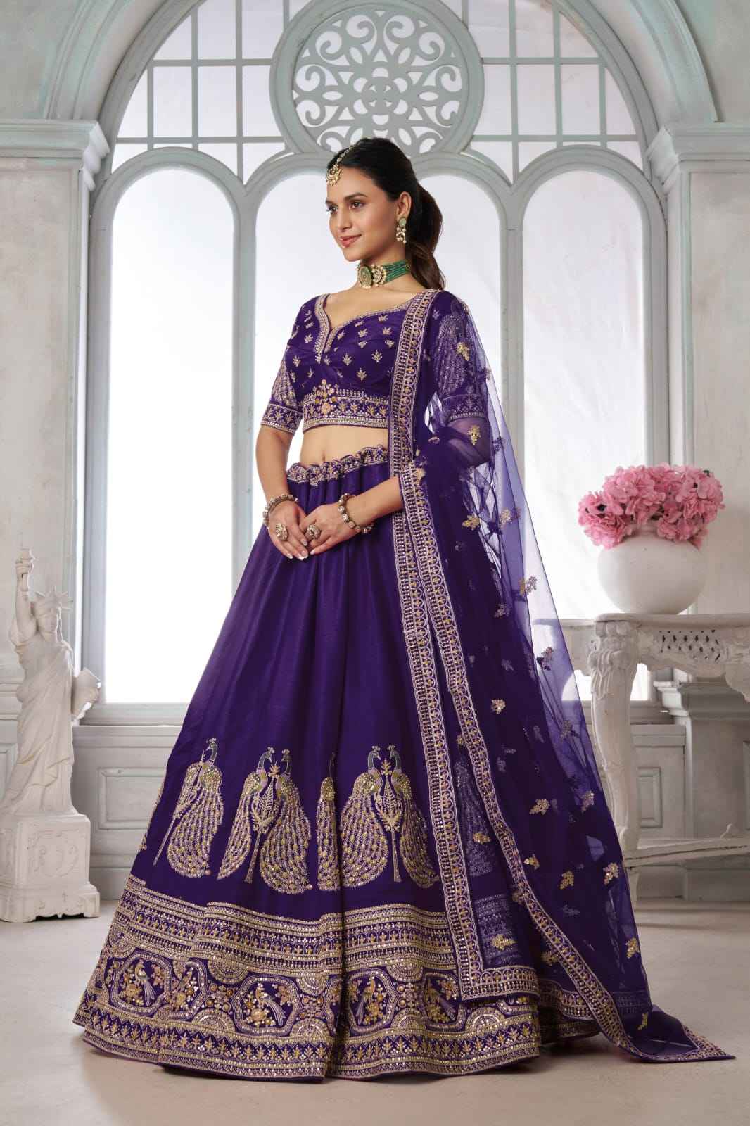 Purple Silk Lehenga Choli with Peacock Zari Embroidery &amp; Dupatta
