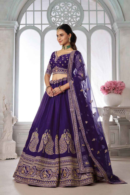 Purple Silk Lehenga Choli with Peacock Zari Embroidery &amp; Dupatta