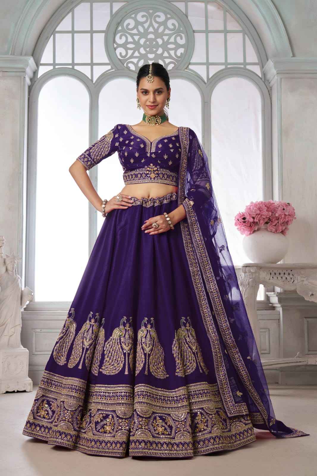 Purple Silk Lehenga Choli with Peacock Zari Embroidery &amp; Dupatta