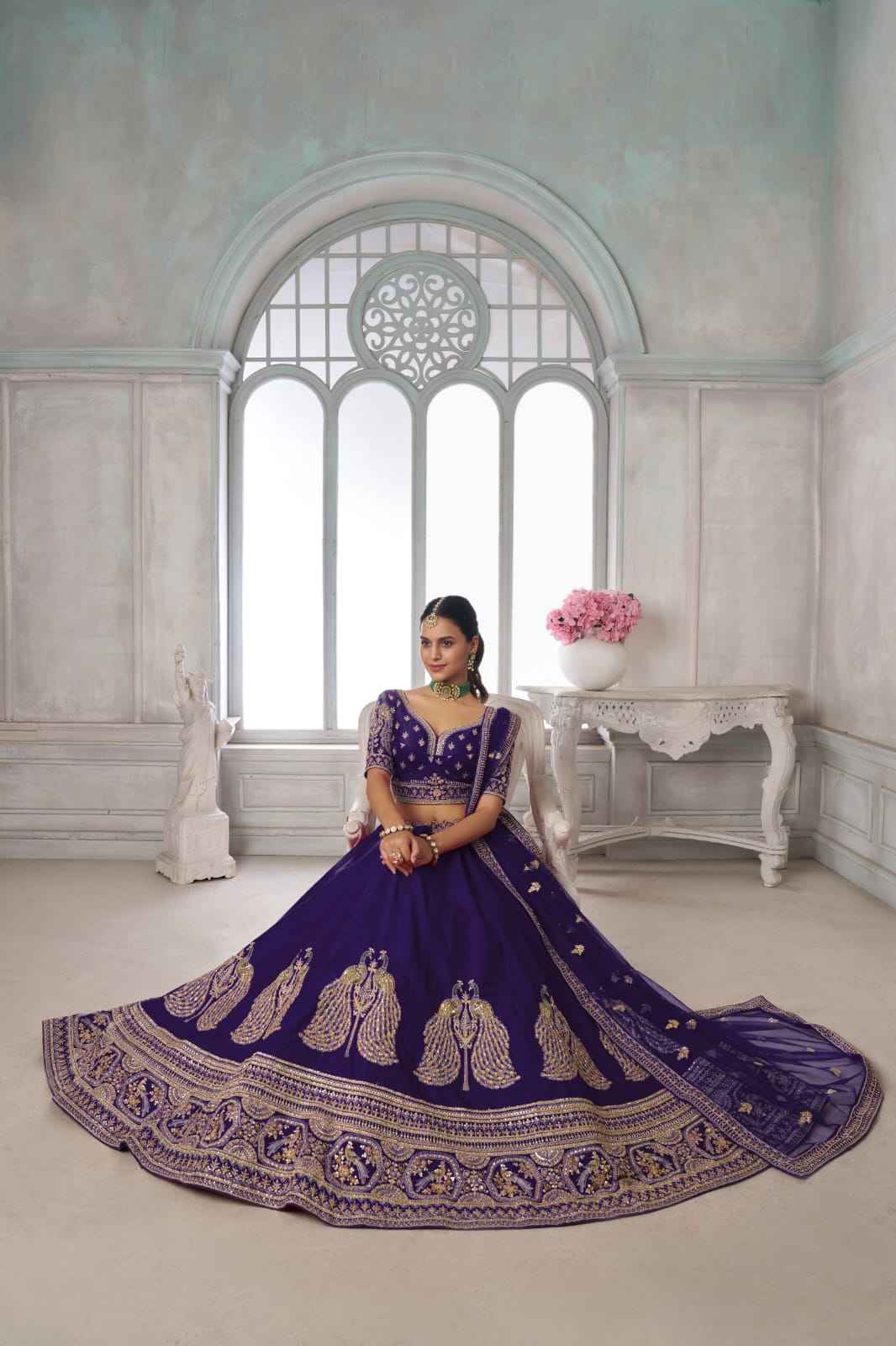 Purple Silk Lehenga Choli with Peacock Zari Embroidery &amp; Dupatta