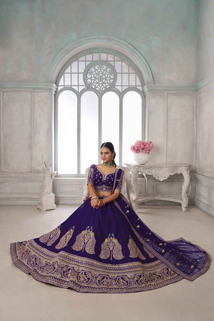 Purple Silk Lehenga Choli with Peacock Zari Embroidery &amp; Dupatta