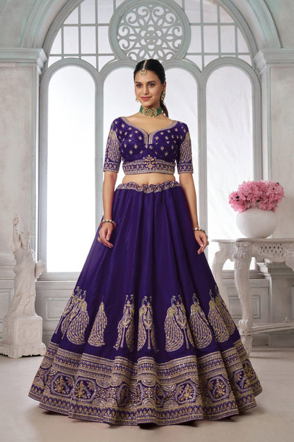 Purple Silk Lehenga Choli with Peacock Zari Embroidery &amp; Dupatta