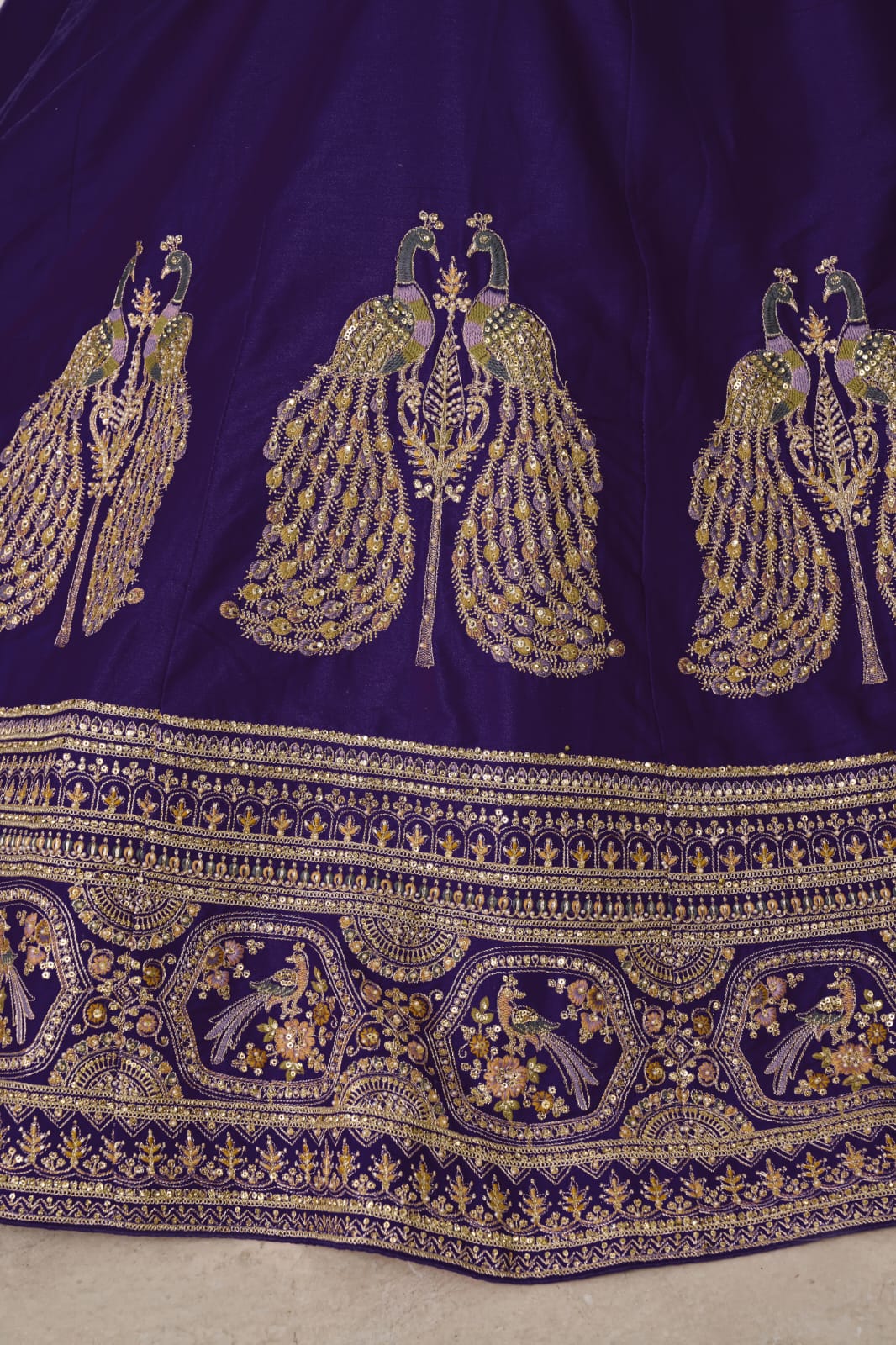 Purple Silk Lehenga Choli with Peacock Zari Embroidery &amp; Dupatta