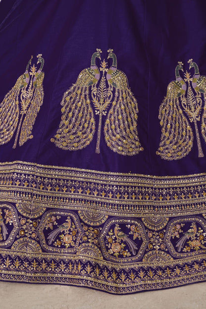 Purple Silk Lehenga Choli with Peacock Zari Embroidery &amp; Dupatta