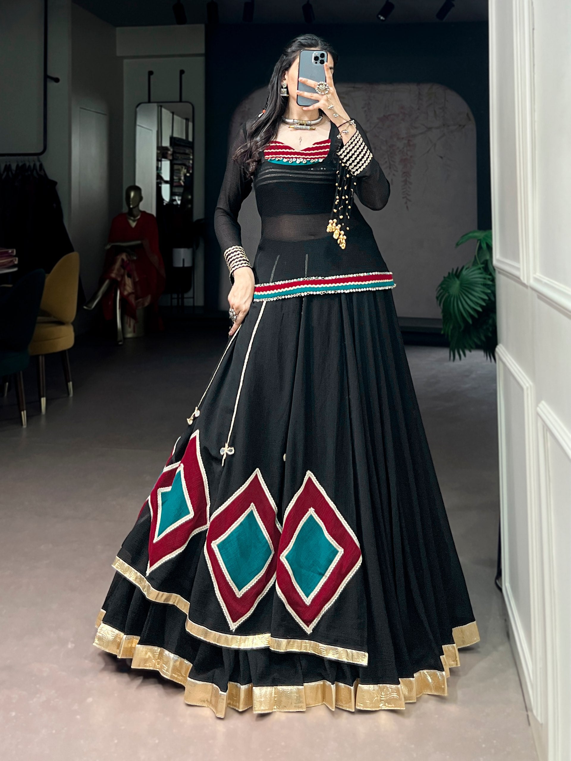 Black Pure Soft Marble Cotton Vintage Work Garba Navratri Chaniya Choli