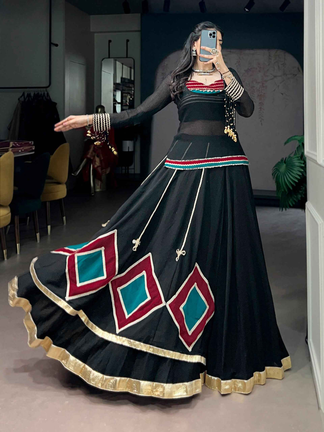 Black Pure Soft Marble Cotton Vintage Work Garba Navratri Chaniya Choli
