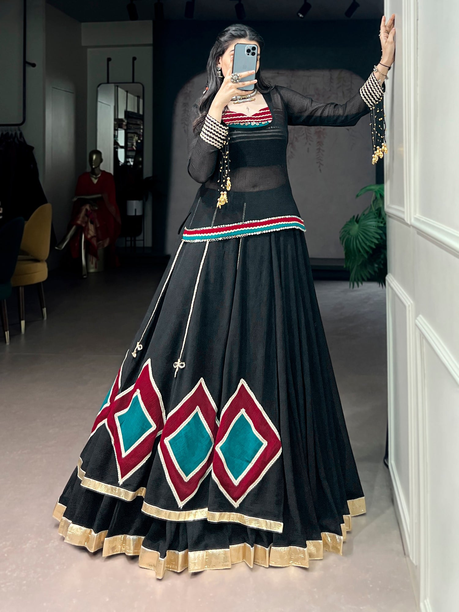 Black Pure Soft Marble Cotton Vintage Work Garba Navratri Chaniya Choli
