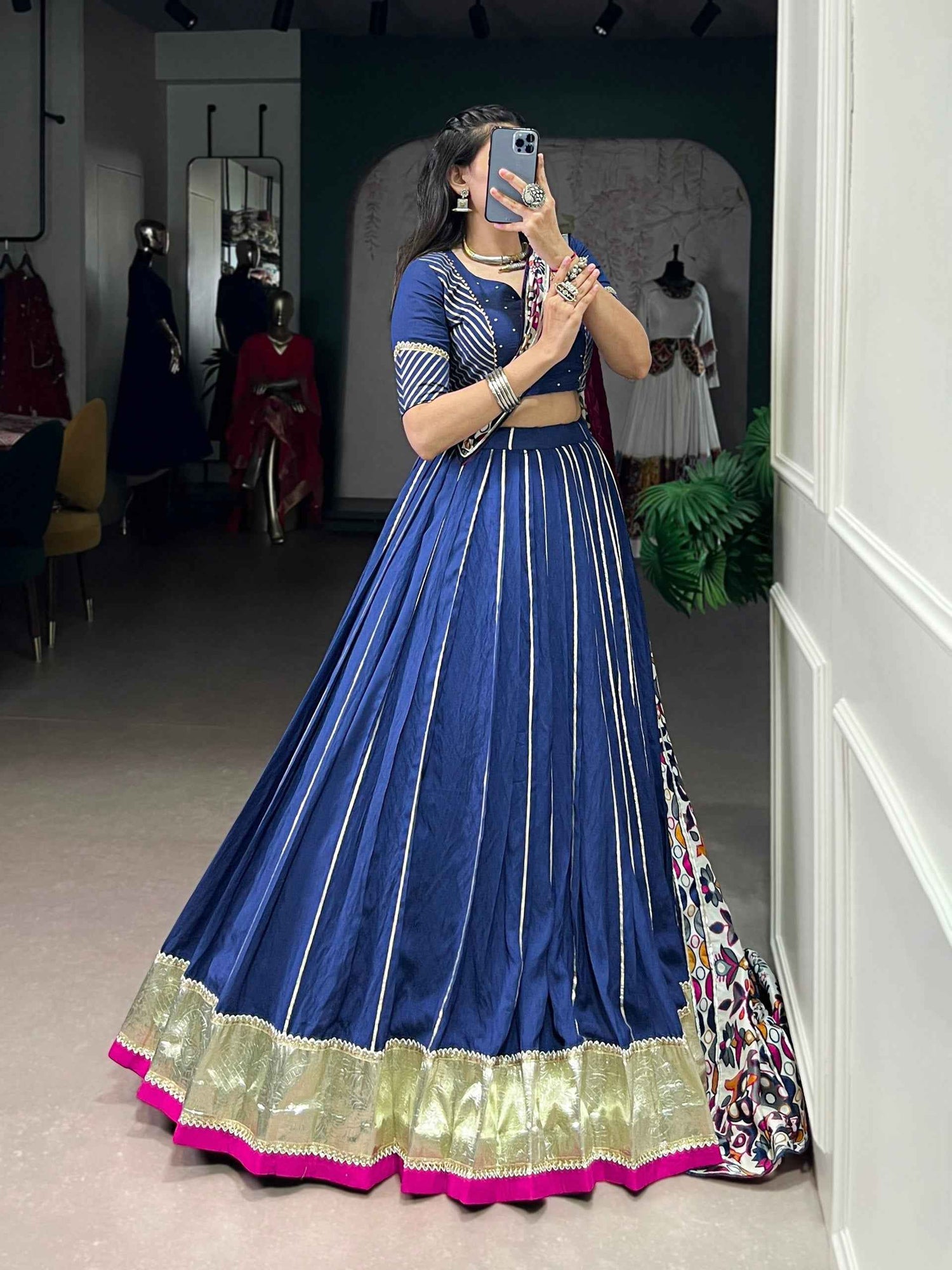 Firozi Pure Soft Pure Pure Chanderi Zari Weaving Work Navratri Chaniya Choli