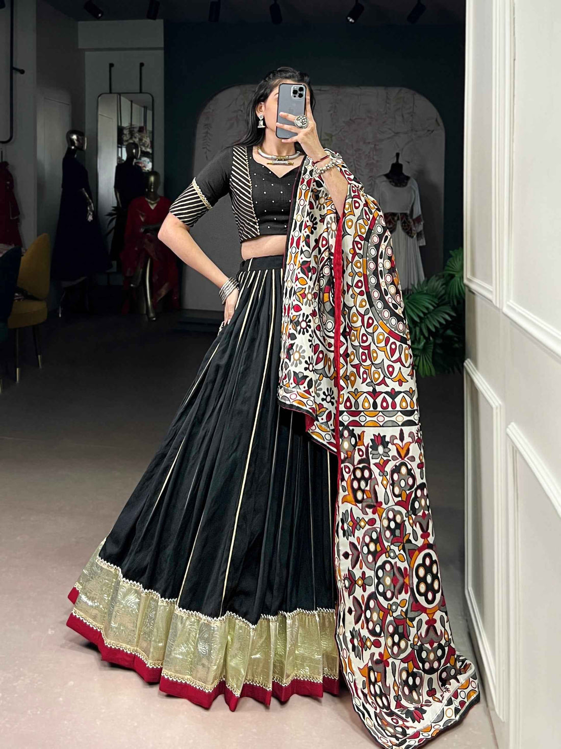 Black Pure Soft Pure Pure Chanderi Zari Weaving Work Navratri Chaniya Choli