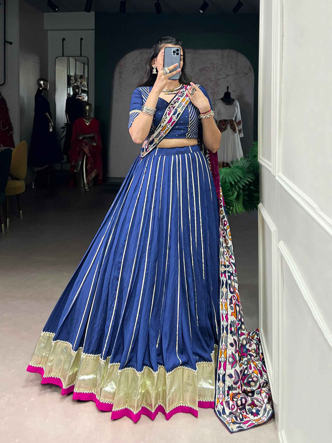Firozi Pure Soft Pure Pure Chanderi Zari Weaving Work Navratri Chaniya Choli