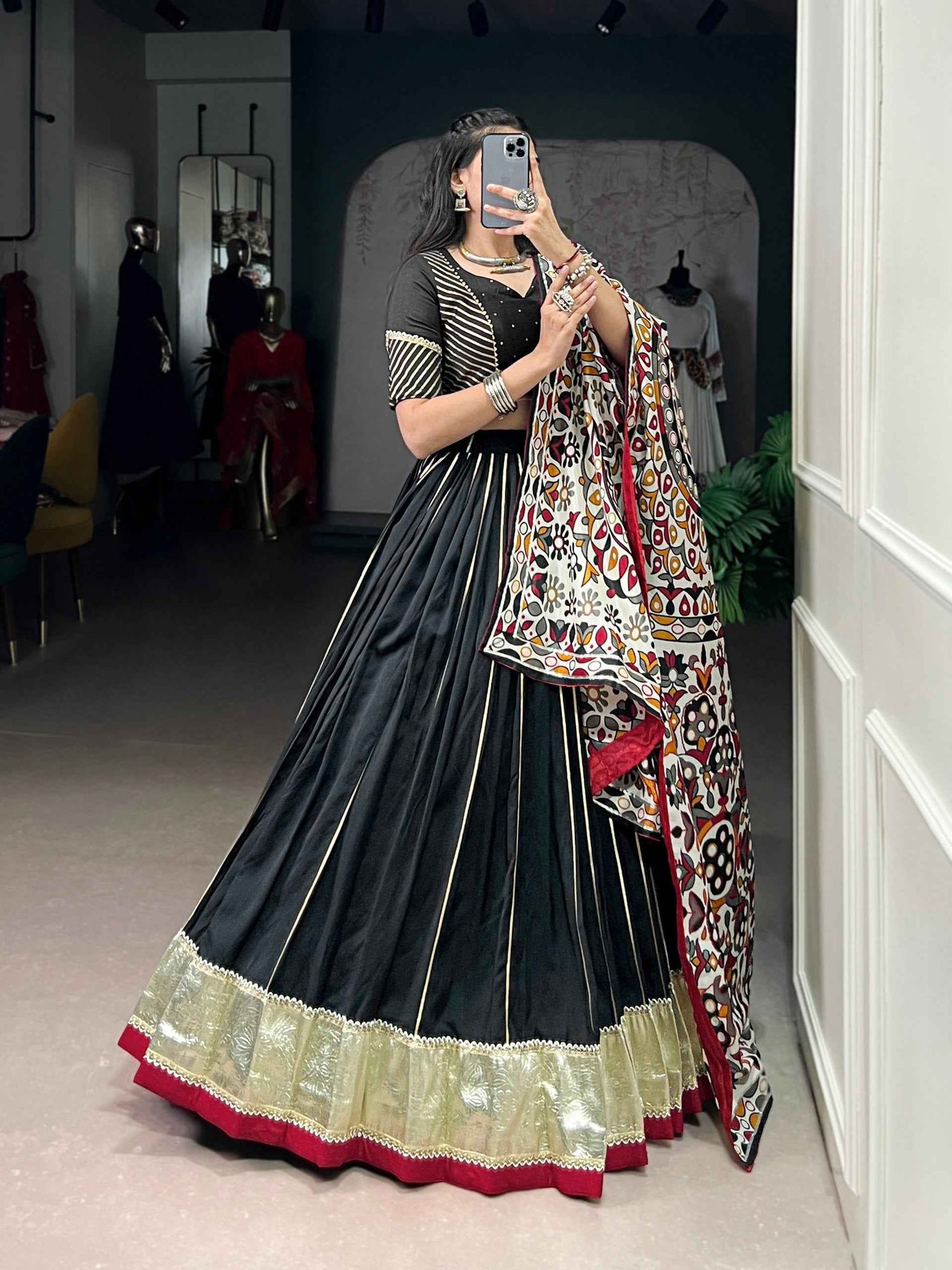 Black Pure Soft Pure Pure Chanderi Zari Weaving Work Navratri Chaniya Choli