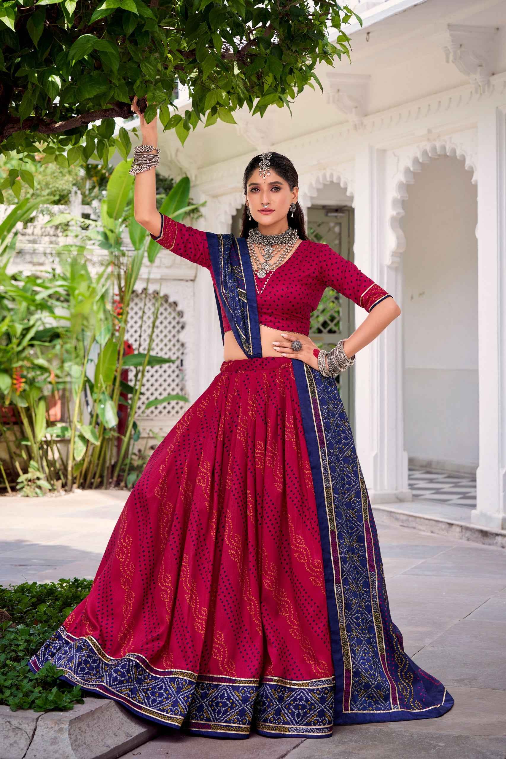 Pink Pure Tasar Silk Bandhej Print With Gotta Patti Work Navratri Chaniya Choli