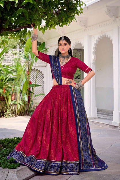 Pink Pure Tasar Silk Bandhej Print With Gotta Patti Work Navratri Chaniya Choli