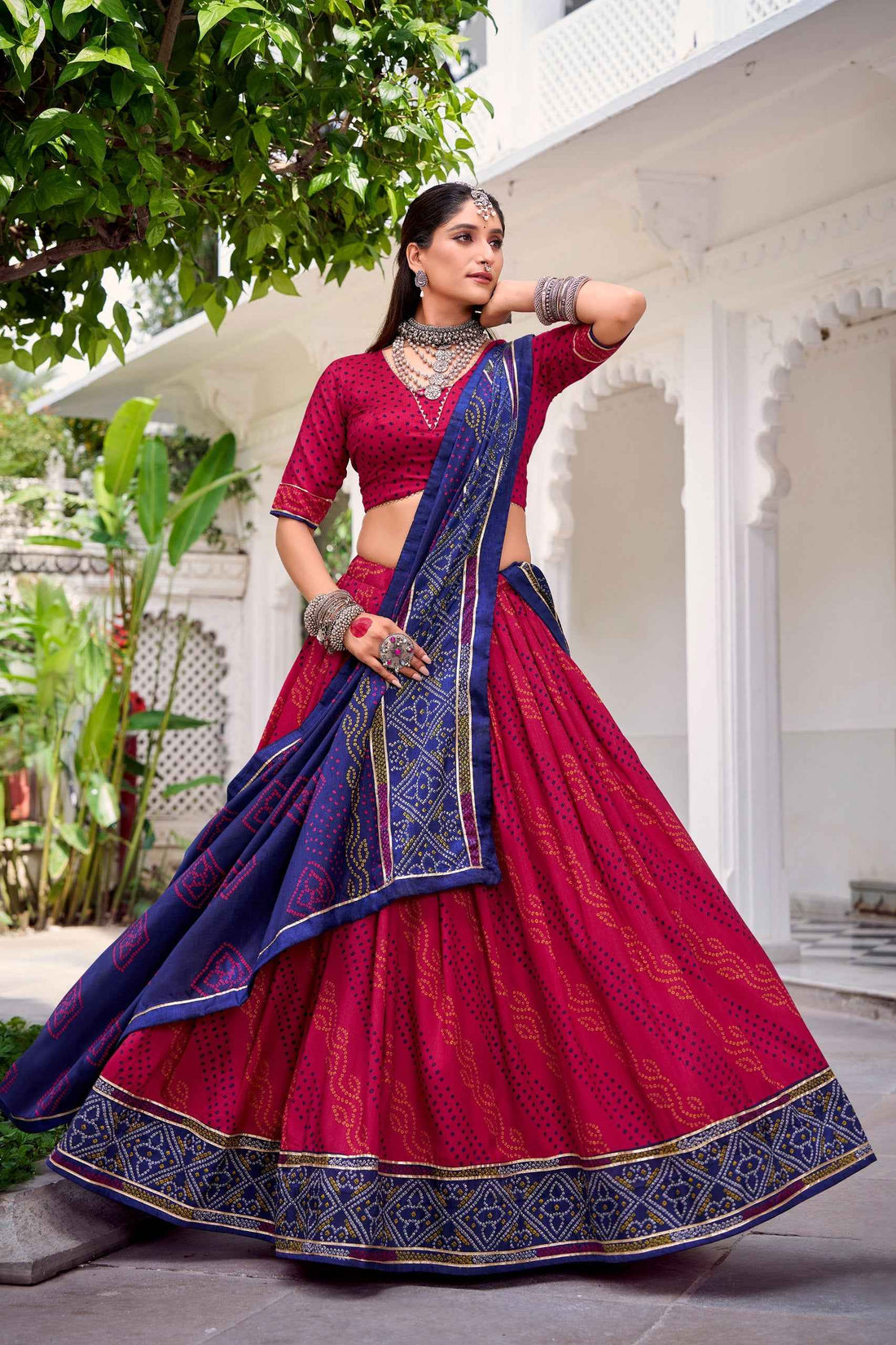 Pink Pure Tasar Silk Bandhej Print With Gotta Patti Work Navratri Chaniya Choli