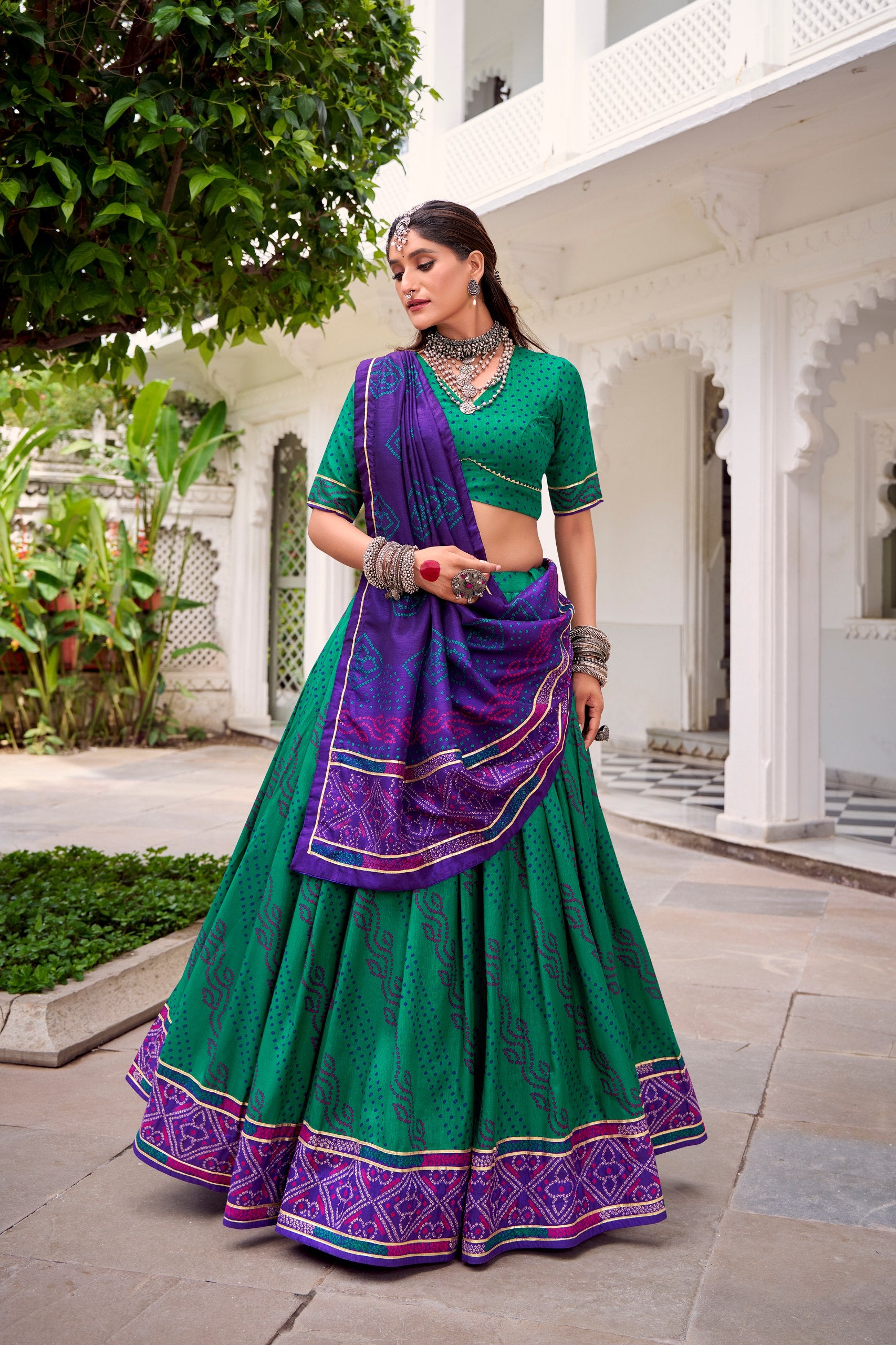 Green Pure Tasar Silk Bandhej Print With Gotta Patti Work Navratri Chaniya Choli