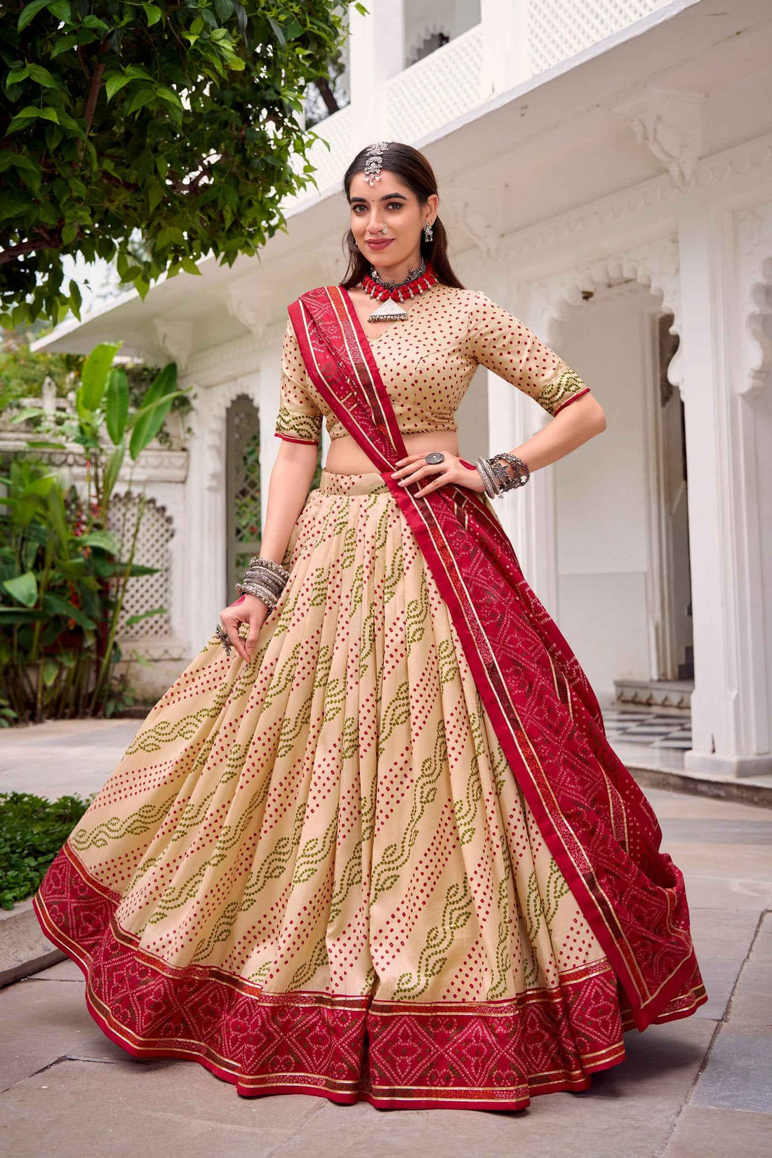 Off White Pure Tasar Silk Bandhej Print With Gotta Patti Work Navratri Chaniya Choli
