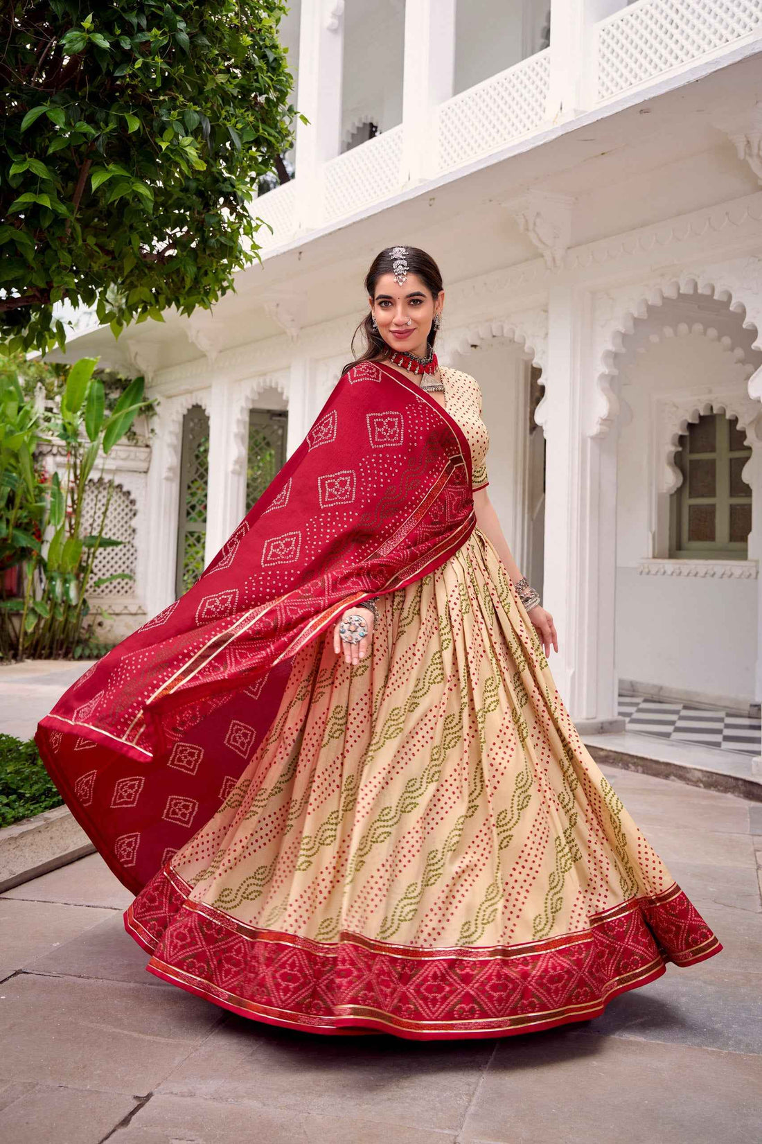 Off White Pure Tasar Silk Bandhej Print With Gotta Patti Work Navratri Chaniya Choli